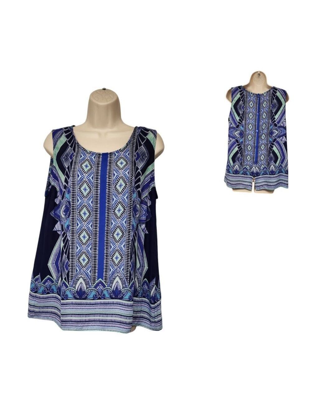 Cynthia Rowley Womens Floral Blue Green Scoop Neck Sleeveless Flowry Top Size L
